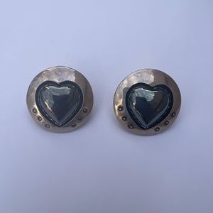 Native American Sterling Silver Hematite Heart Button Earrings